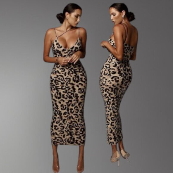 LAST ONE Uber Sexy Wild Print Spaghetti Strap Bodycon Tea Length Pencil Dress - Picture 1 of 9